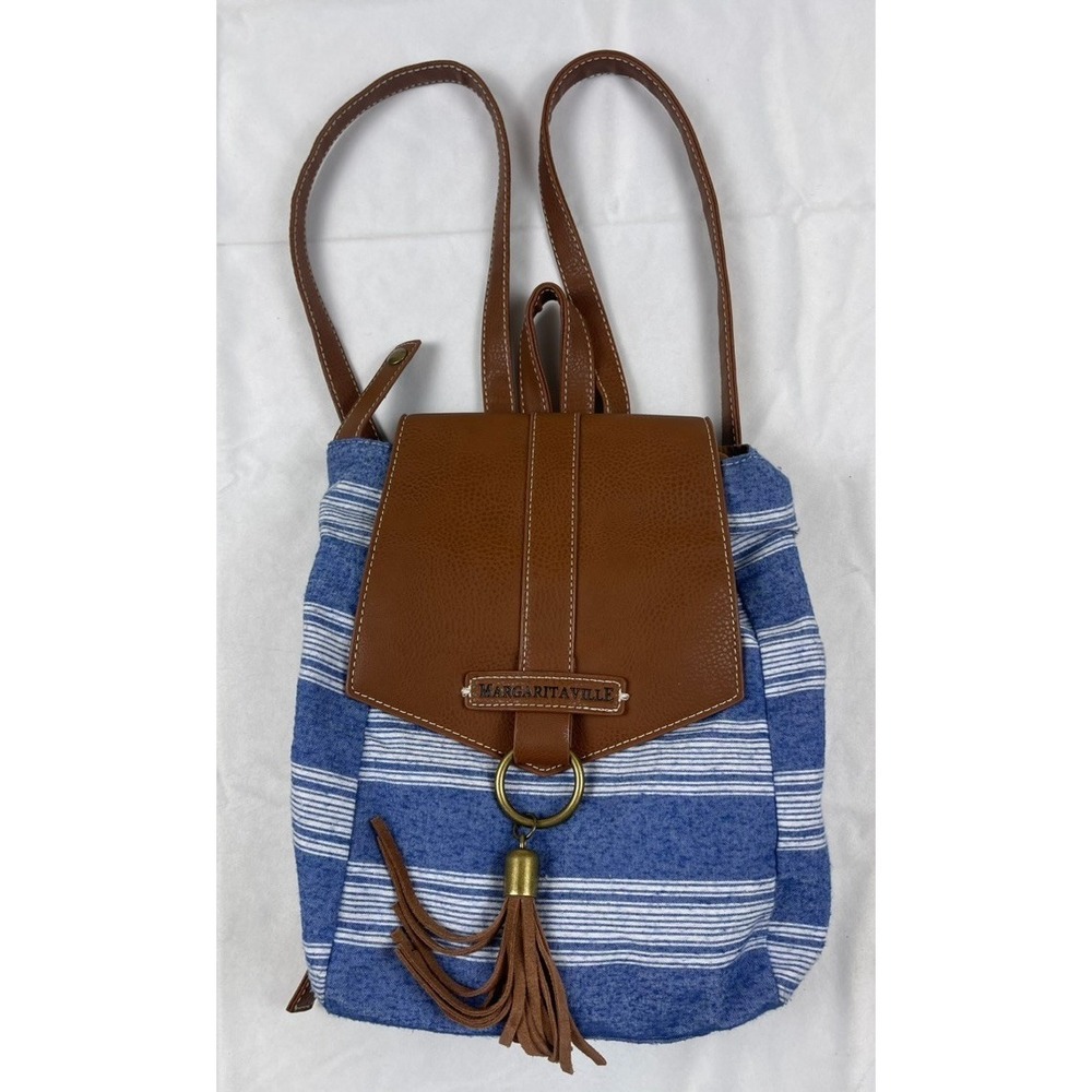 MARGARITAVILLE BACKPACK PURSE BLUE STRIP BROWN FAUX LEATHER TASSEL MINI BAG